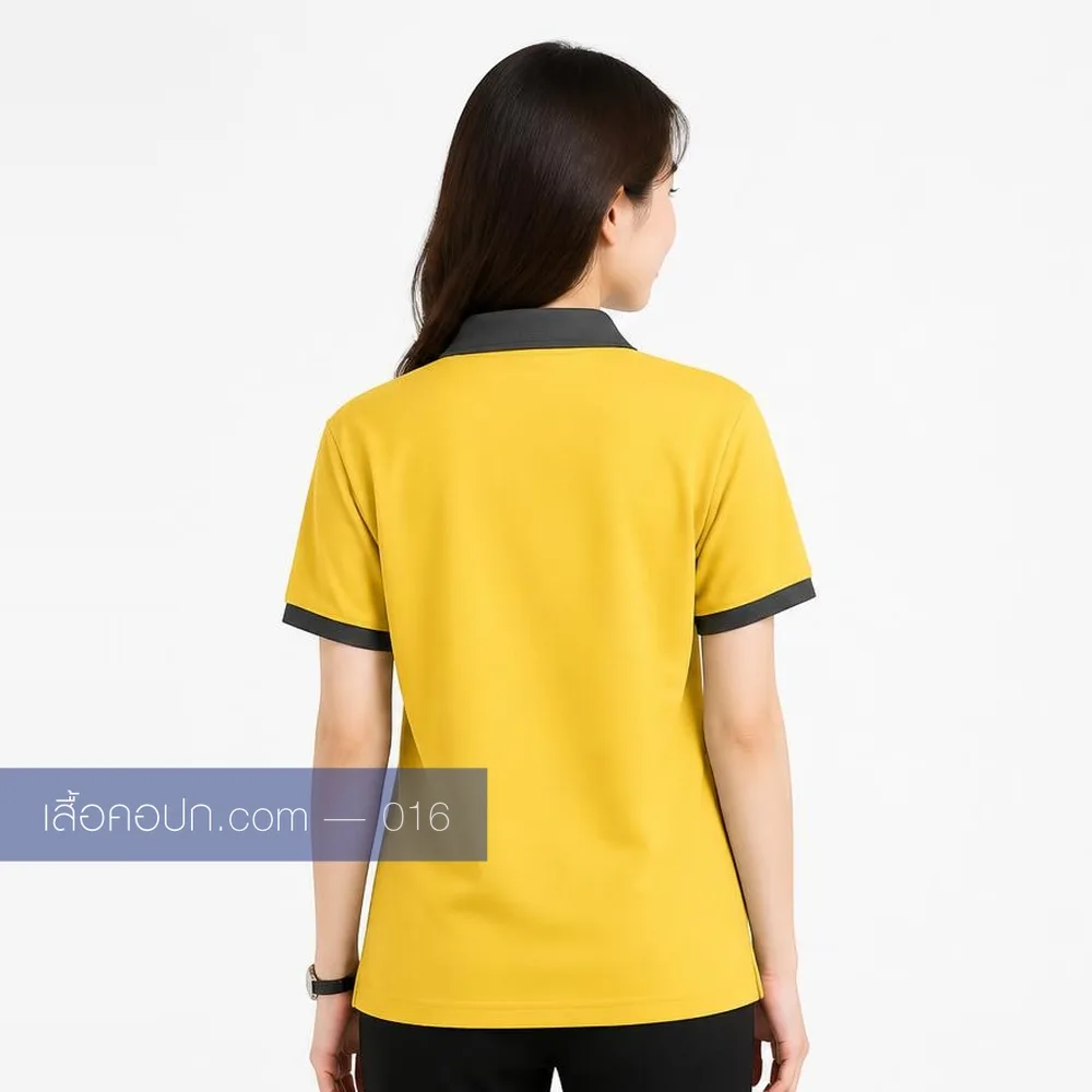 เสื้อโปโลเหลืองสด ปกดำ ด้านหลัง