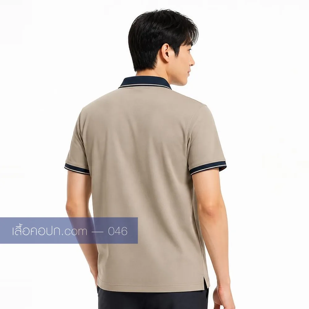 เสื้อโปโลเบจ ปกน้ำตาลคาดขาว ด้านหลัง