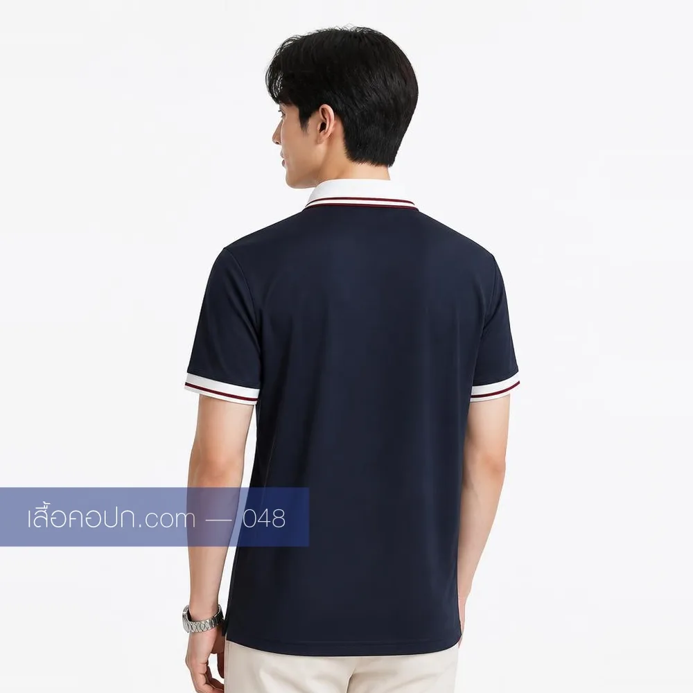 เสื้อโปโลกรมท่าเข้ม ปกคาดขาวแดง ด้านหลัง