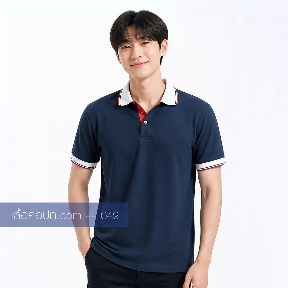 เสื้อโปโลกรมท่า ปกขาวคาดแดง ด้านหน้า