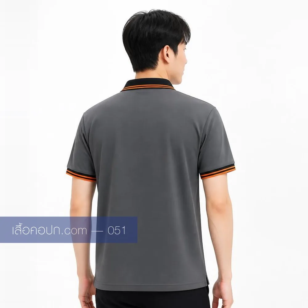 เสื้อโปโลเทาเข้ม ปกคาดส้ม ด้านหลัง