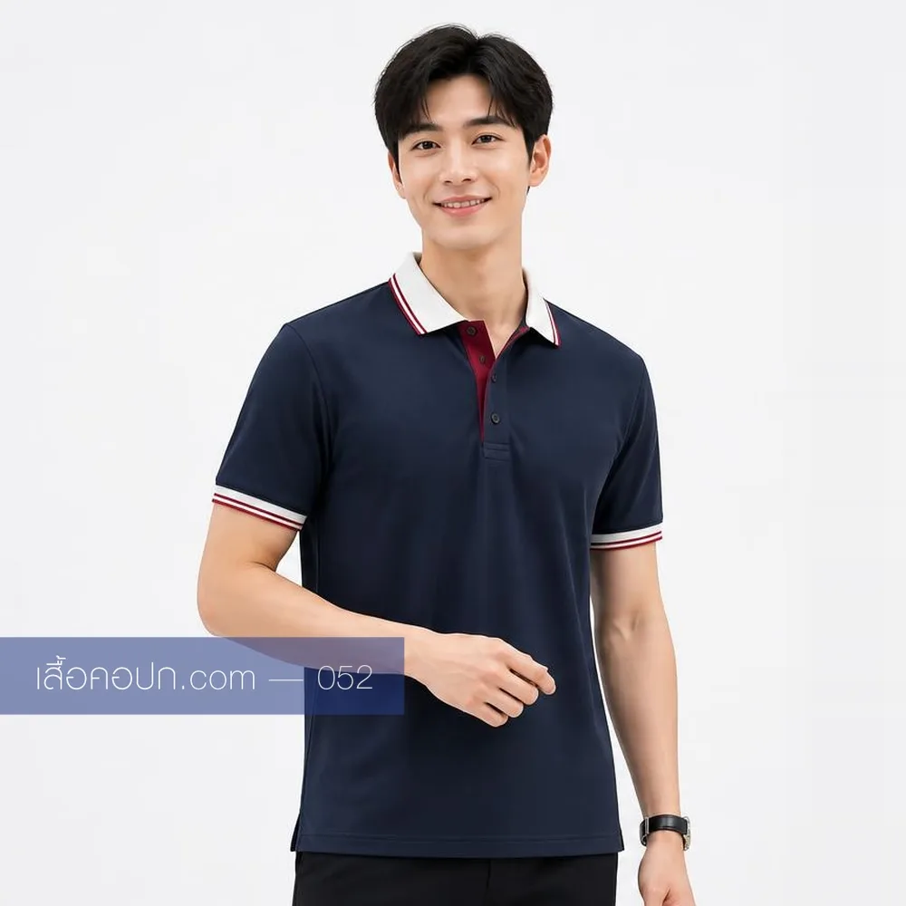 เสื้อโปโลกรมท่า ปกแดงคาดขาว ด้านหน้า