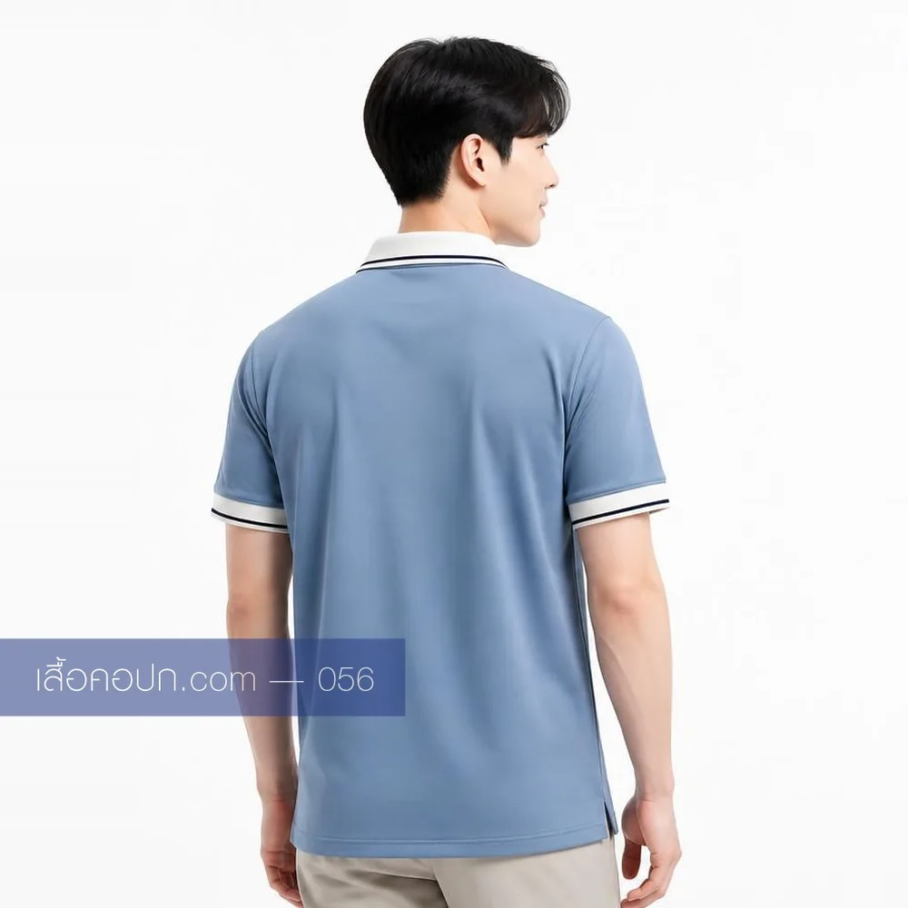 เสื้อโปโลฟ้าอ่อน ปกขาวคาดกรมท่า ด้านหลัง