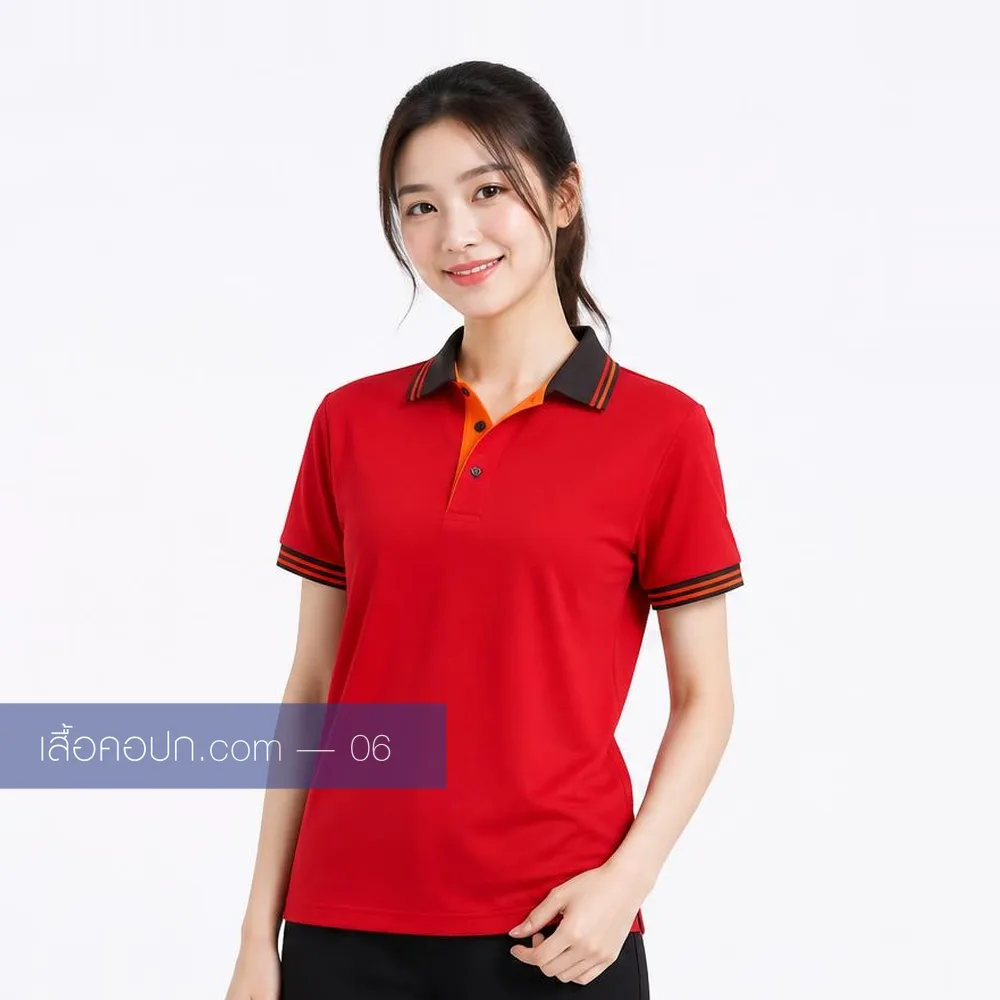 เสื้อโปโลสีแดง ปกดำขลิบส้ม ด้านหน้า