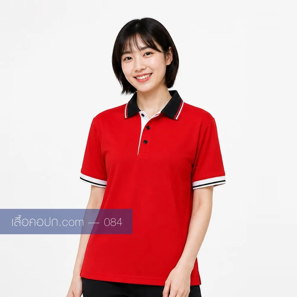 เสื้อโปโลแดงสด ปกดำคาดขาวคู่ ด้านหน้า