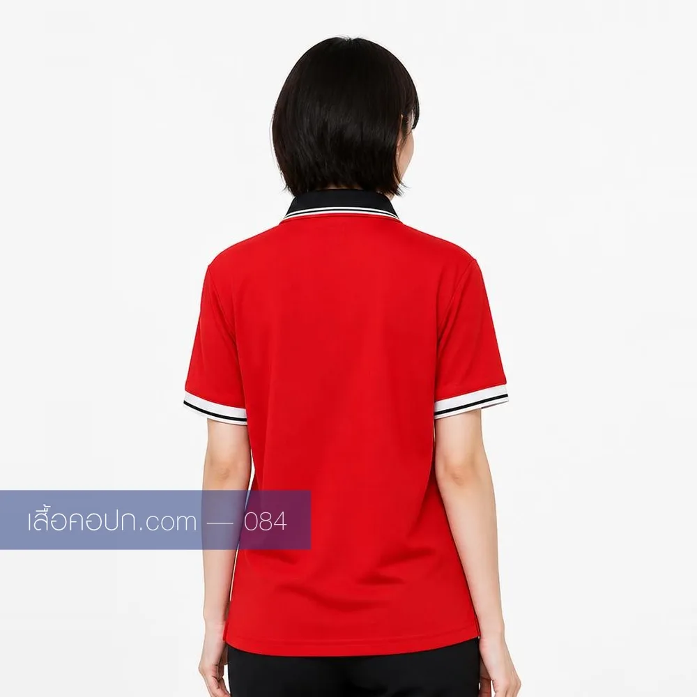 เสื้อโปโลแดงสด ปกดำคาดขาวคู่ ด้านหลัง