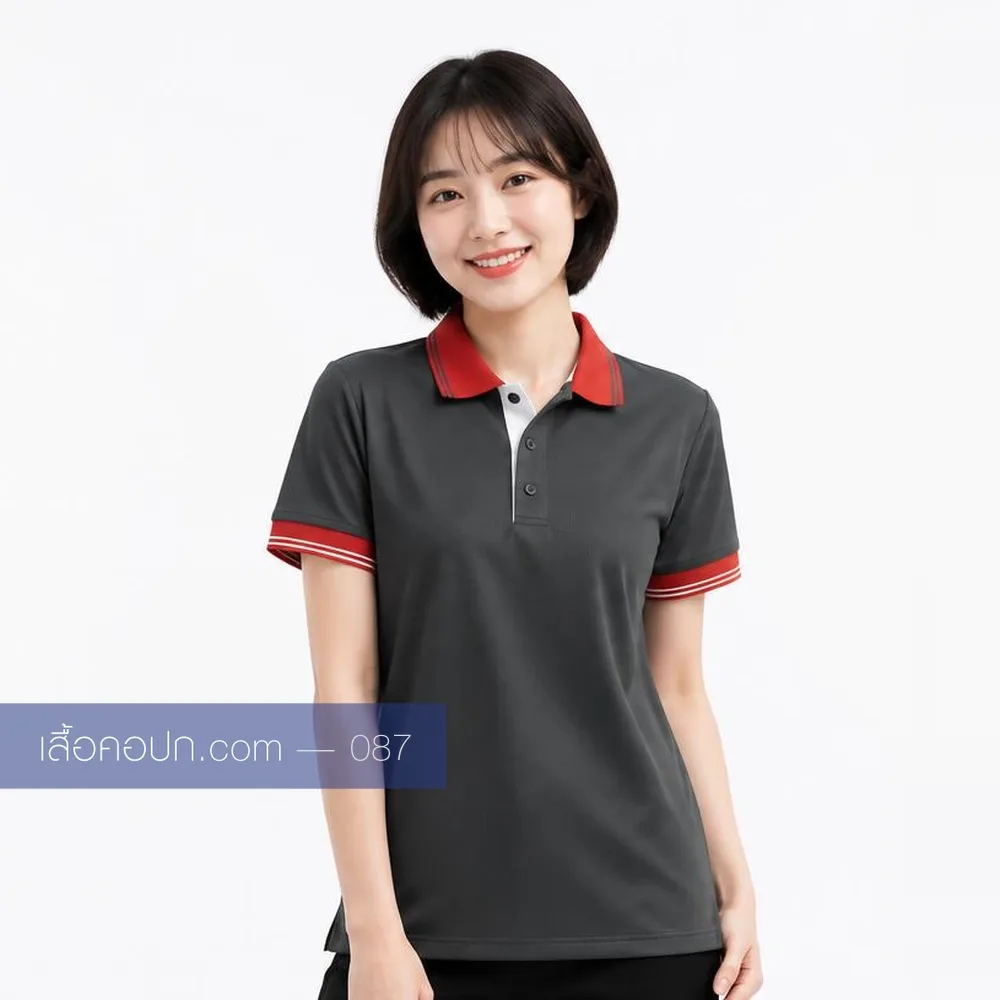 เสื้อโปโลเทาเข้ม ปกแดงเลือดหมู ด้านหน้า
