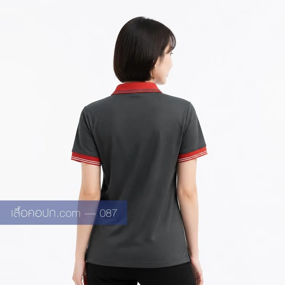 เสื้อโปโลเทาเข้ม ปกแดงเลือดหมู ด้านหลัง