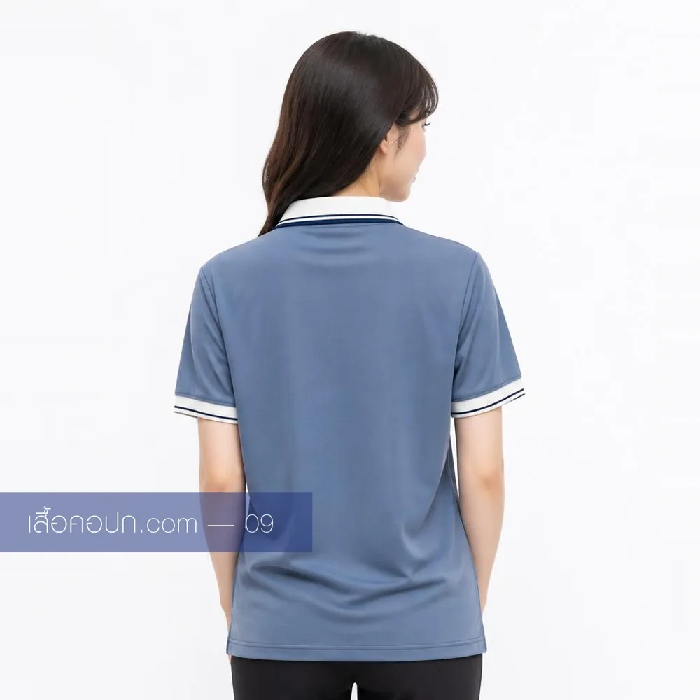 เสื้อโปโลสีเทาฟ้า ปกขาว ด้านหลัง