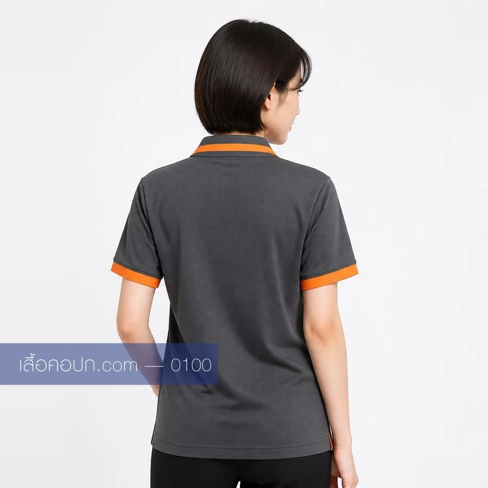 เสื้อโปโลเทาเข้ม ปกส้มสด ด้านหลัง
