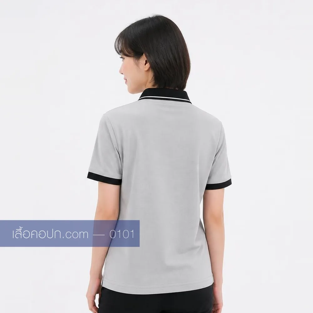 เสื้อโปโลเทาอ่อน ปกดำ ด้านหลัง