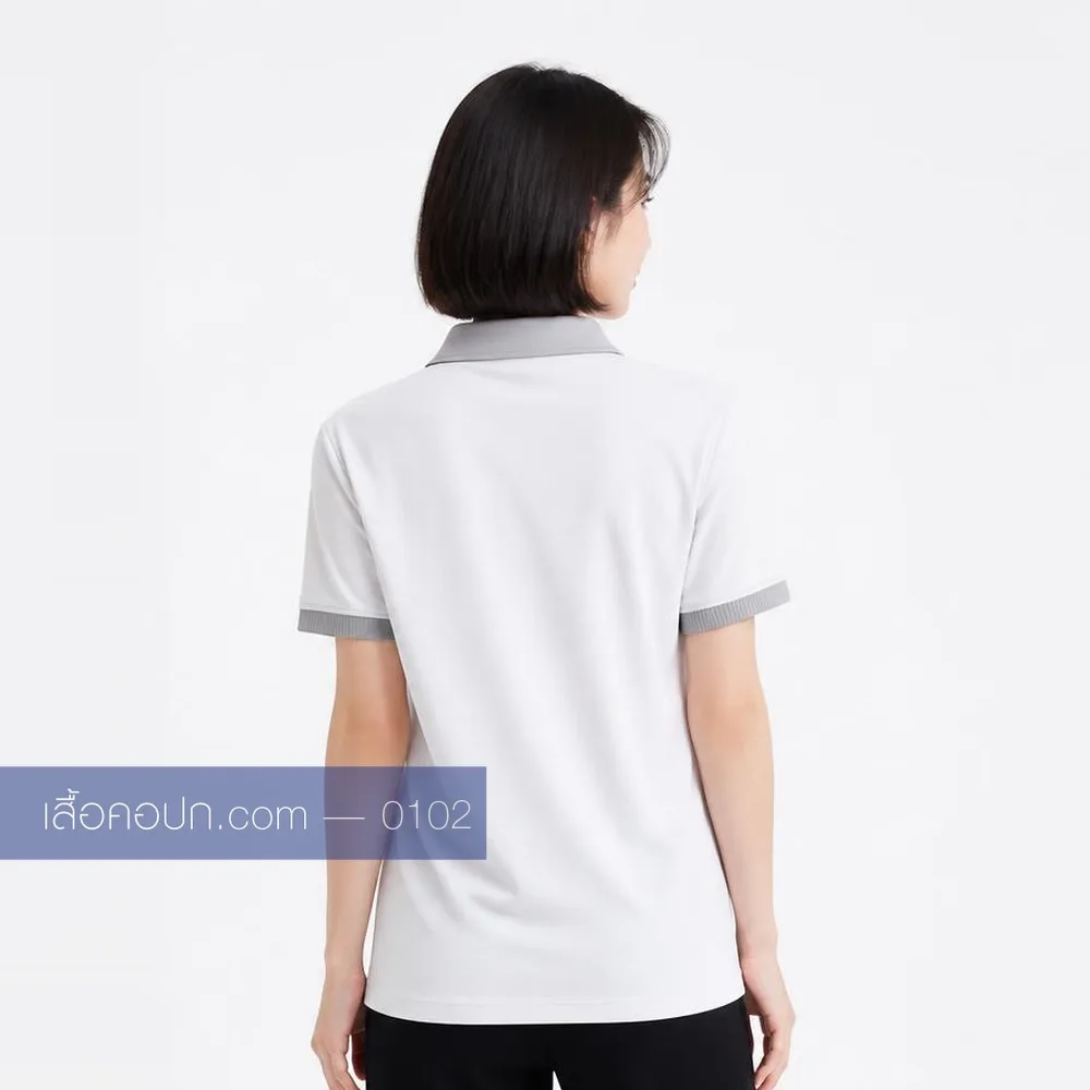 เสื้อโปโลขาว ปกเทา ด้านหลัง