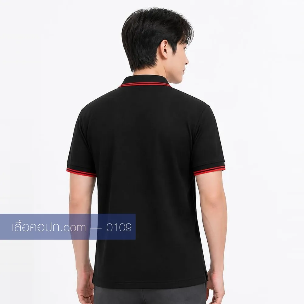 เสื้อโปโลดำ ปกคาดแดงเส้นคู่ ด้านหลัง