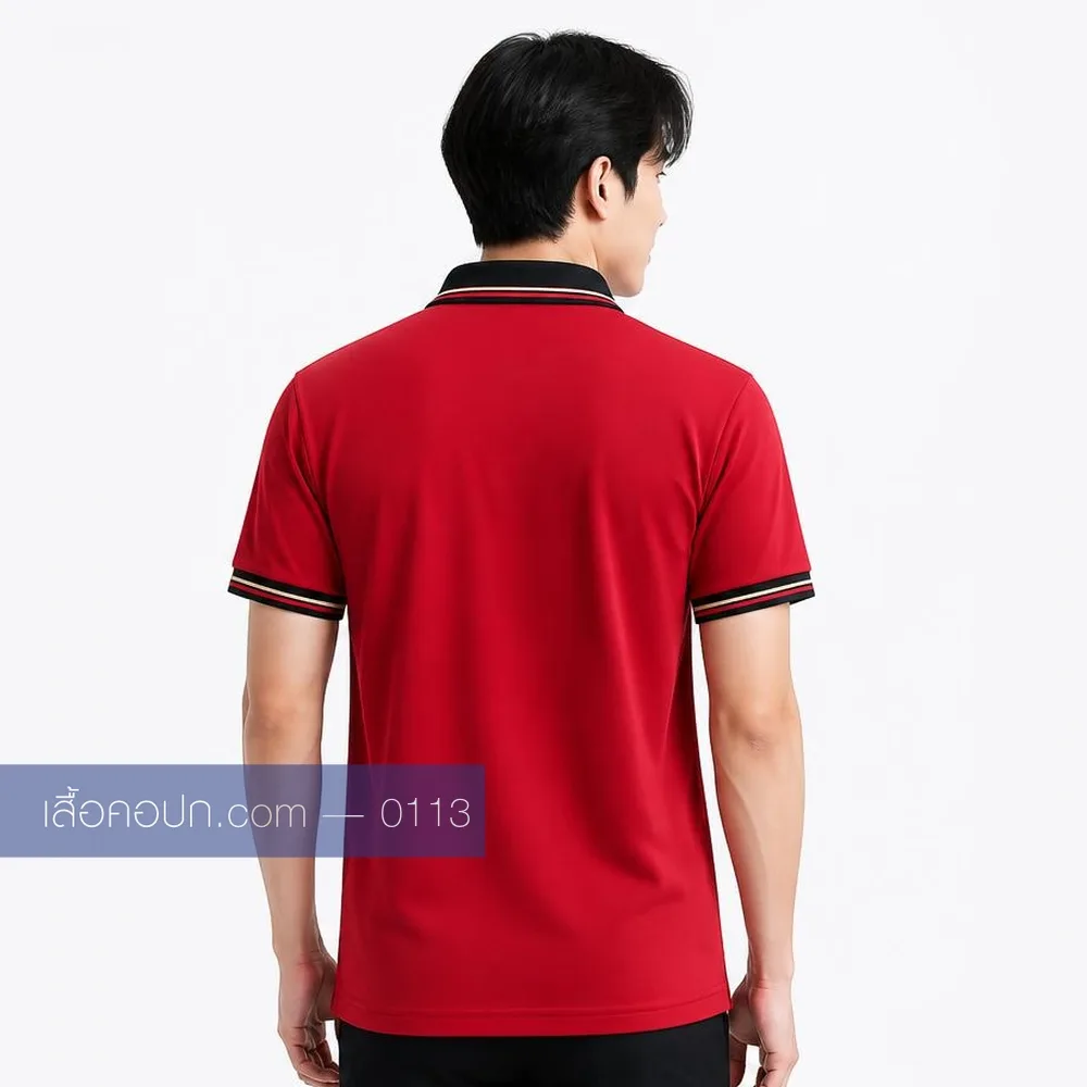เสื้อโปโลแดงสด ปกดำขลิบขาว ด้านหลัง