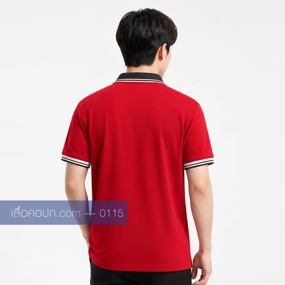 เสื้อโปโลแดง ปกดำ ปลายแขนขาว ด้านหลัง