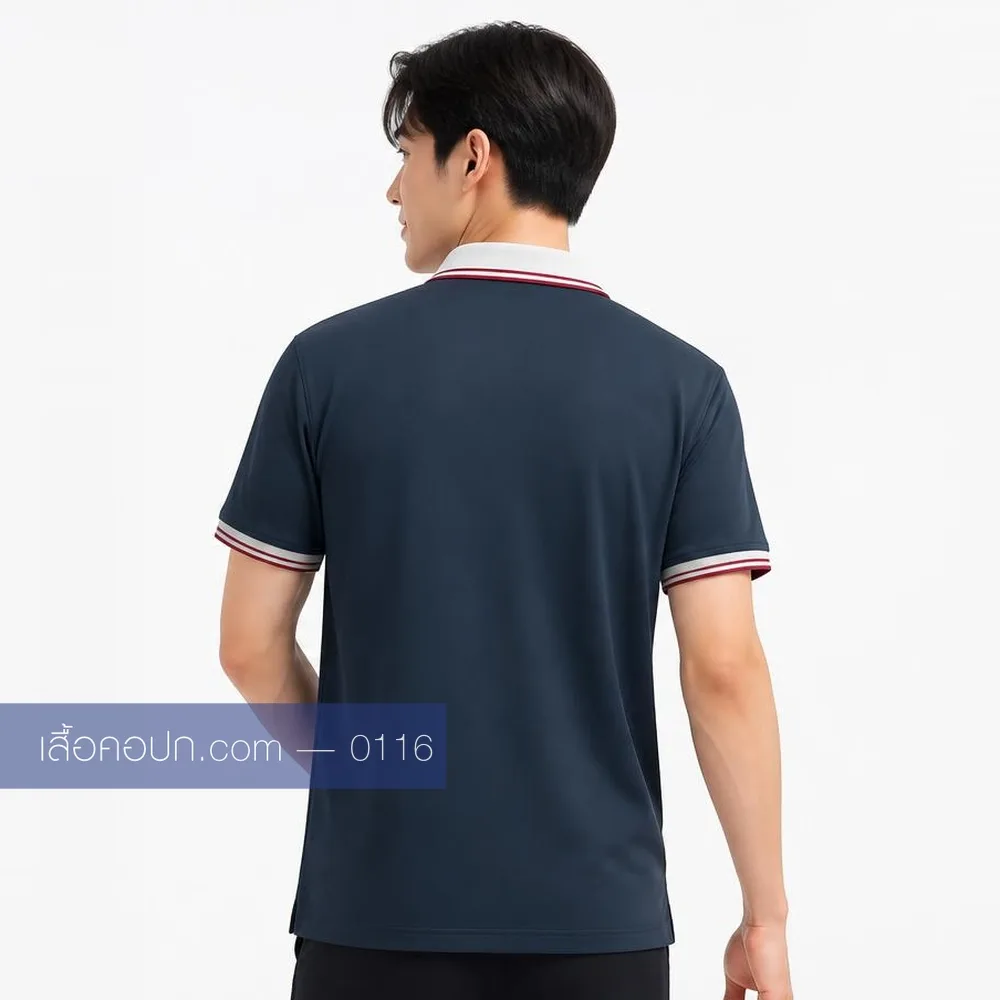 เสื้อโปโลกรมท่าหม่น ปกขาวคาดแดง ด้านหลัง