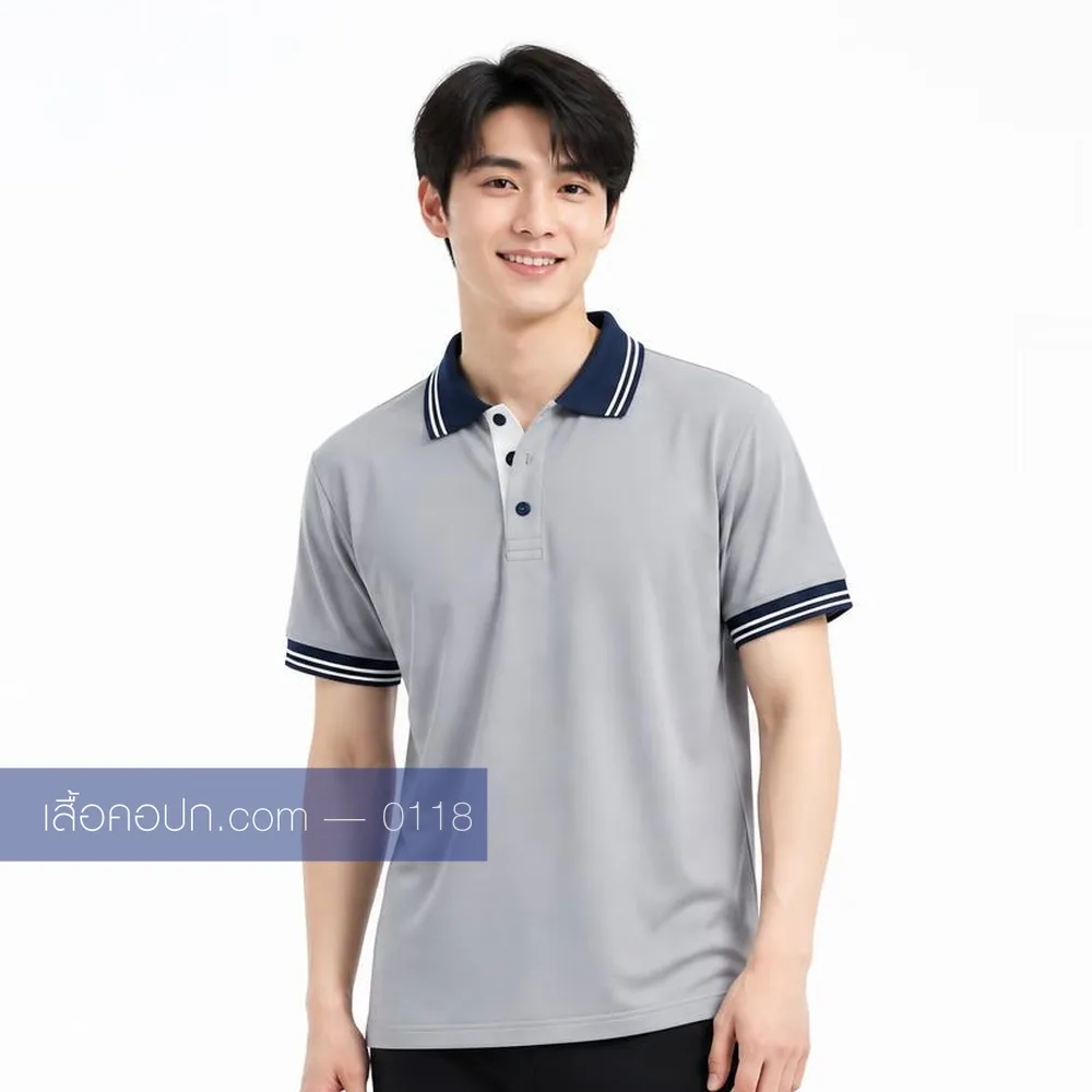 เสื้อโปโลเทาอ่อน ปกกรมท่าคาดขาว ด้านหน้า