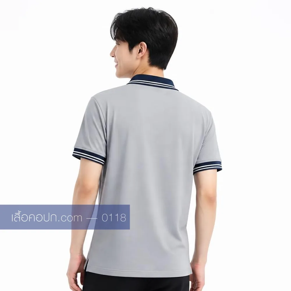 เสื้อโปโลเทาอ่อน ปกกรมท่าคาดขาว ด้านหลัง