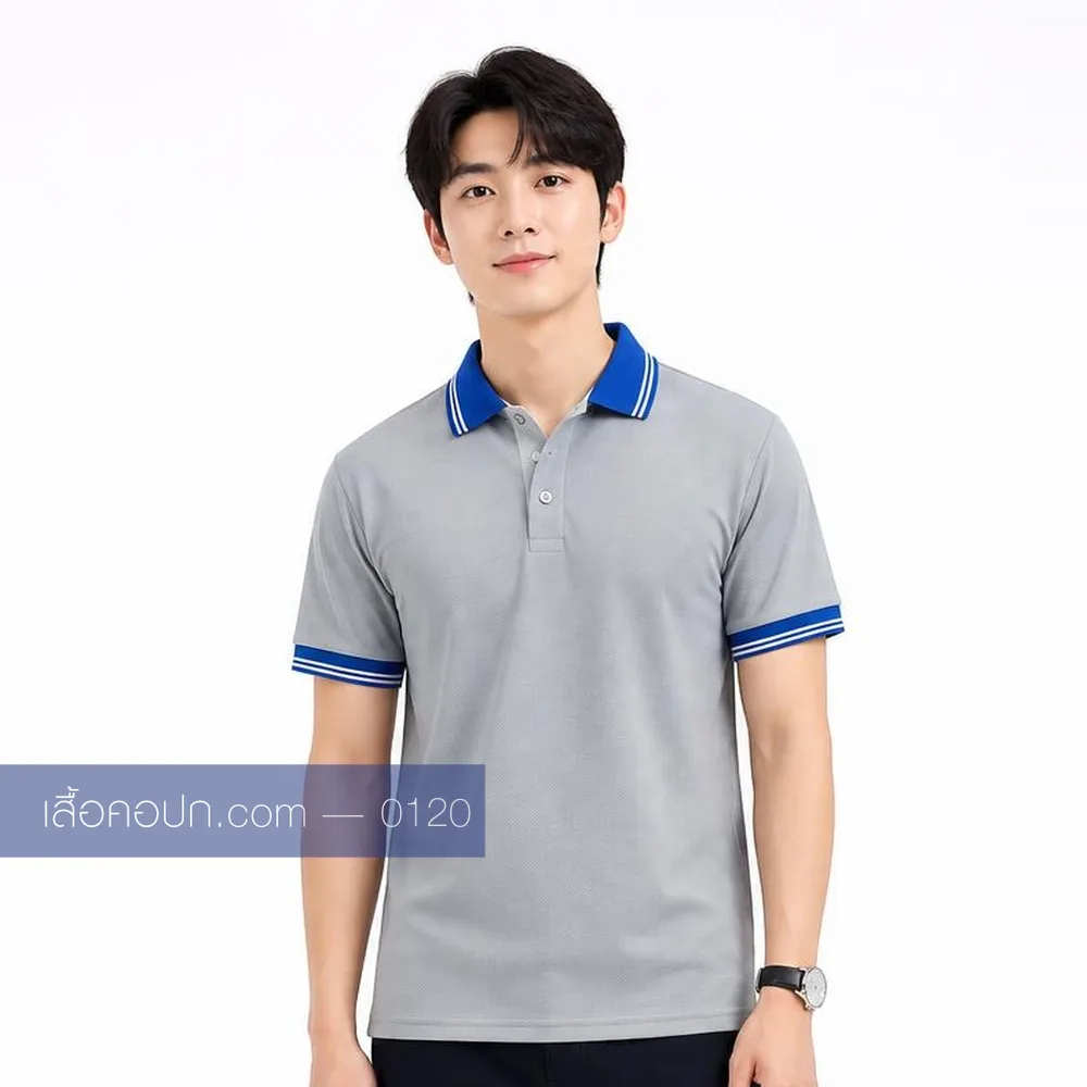 เสื้อโปโลเทาอ่อน ปกน้ำเงิน ด้านหน้า