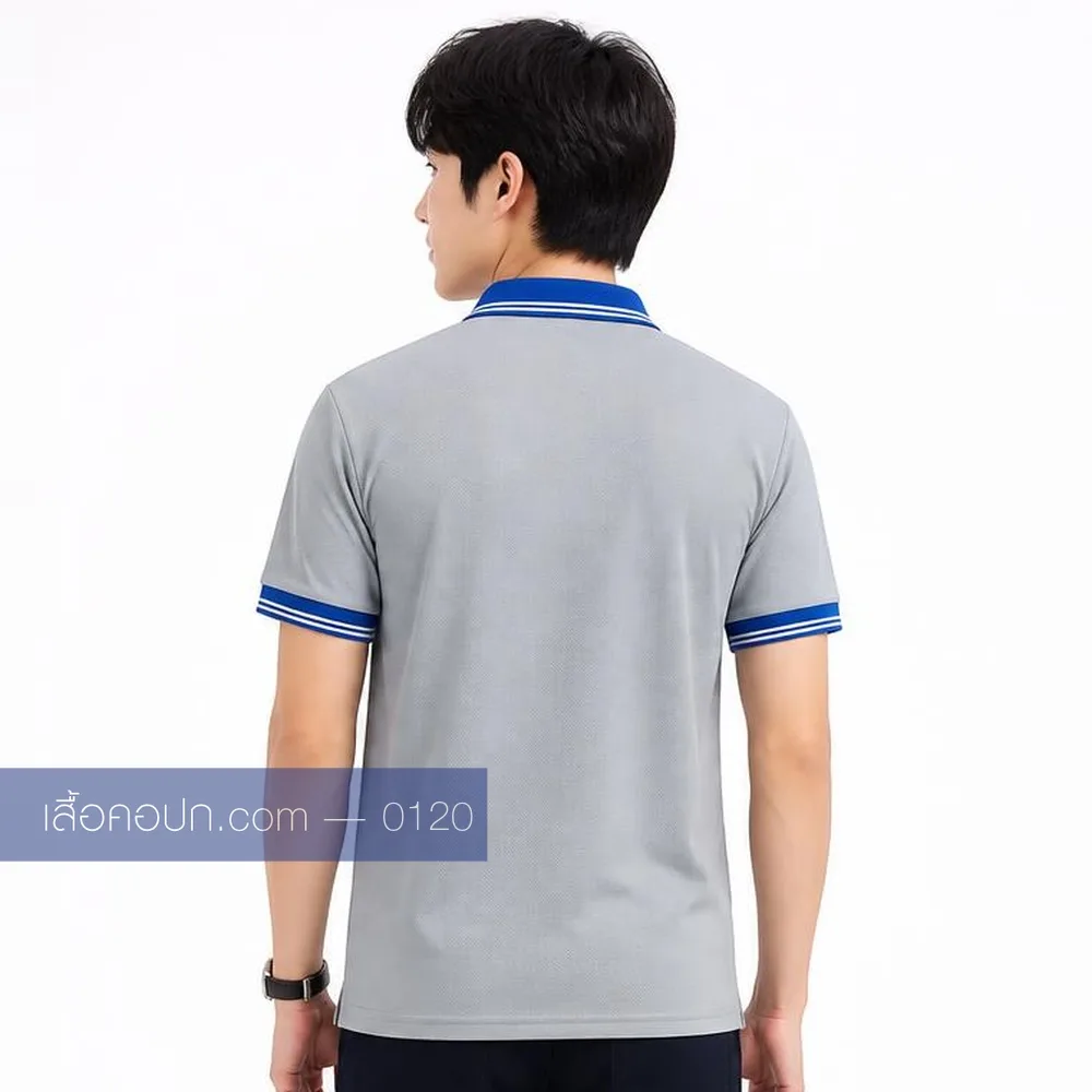 เสื้อโปโลเทาอ่อน ปกน้ำเงิน ด้านหลัง