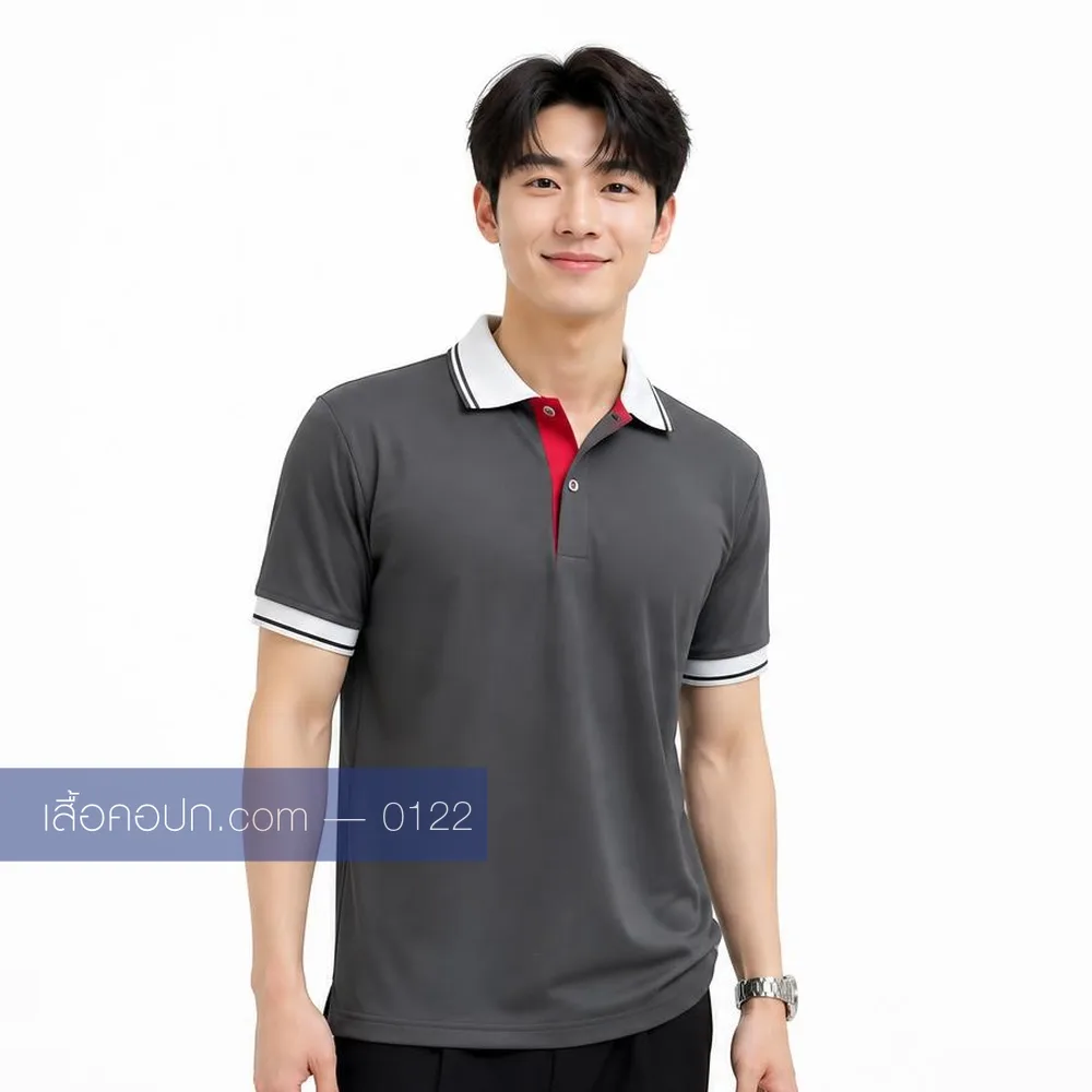 เสื้อโปโลเทาเข้ม ปกขาว สาบแดง ด้านหน้า