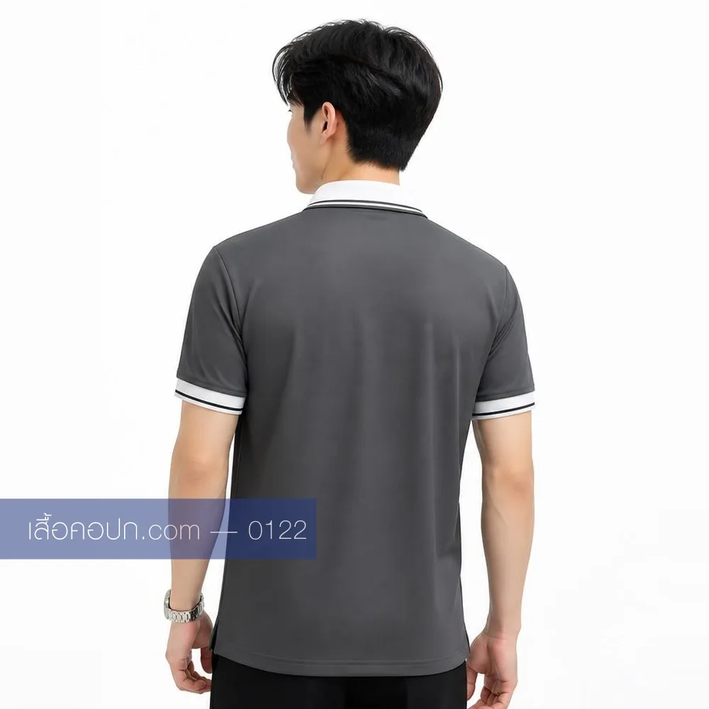 เสื้อโปโลเทาเข้ม ปกขาว สาบแดง ด้านหลัง