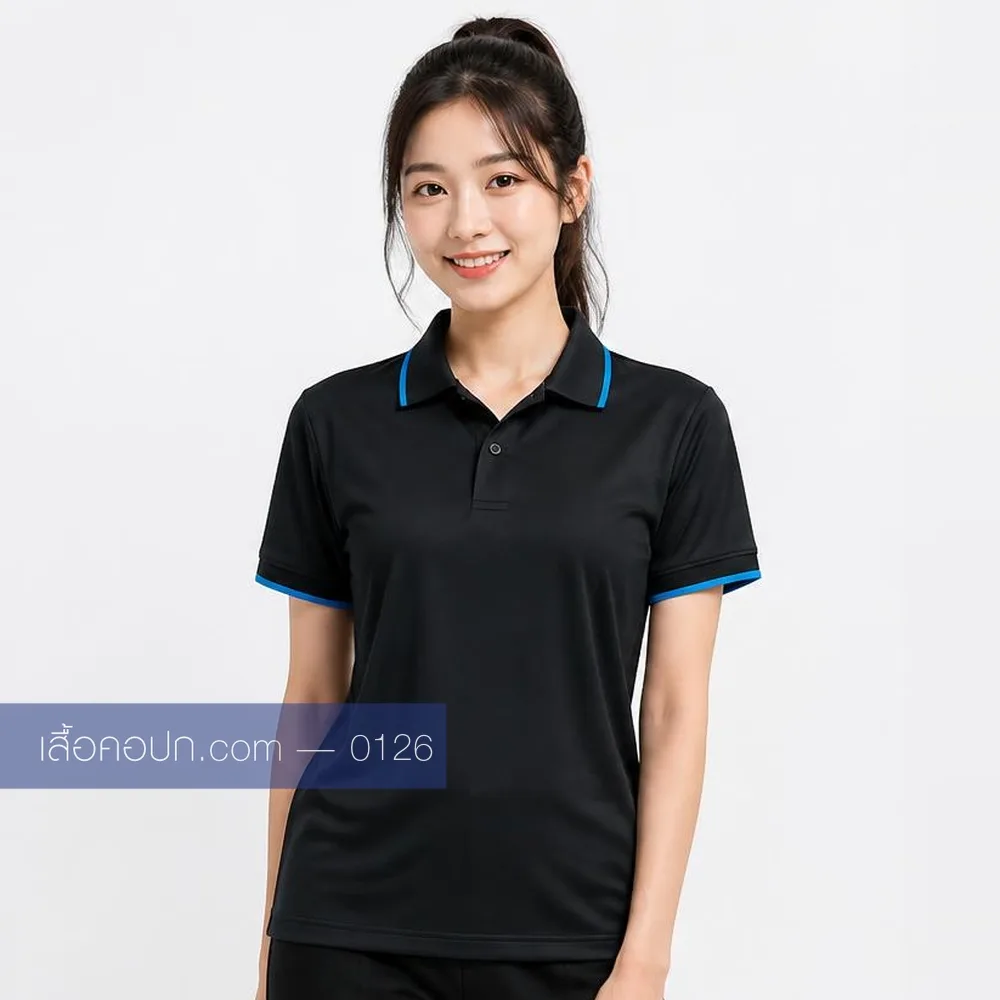 เสื้อโปโลดำ ขลิบฟ้าสด ด้านหน้า