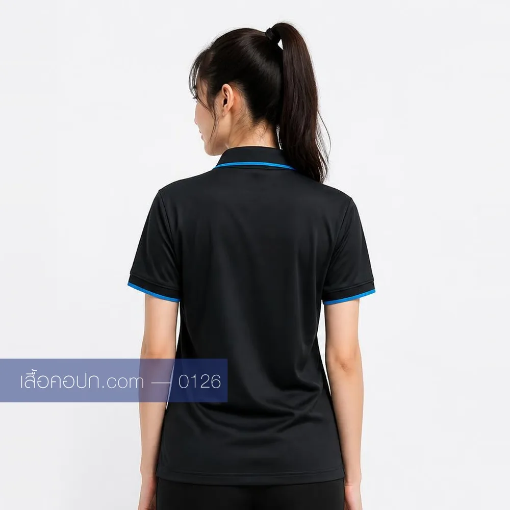 เสื้อโปโลดำ ขลิบฟ้าสด ด้านหลัง