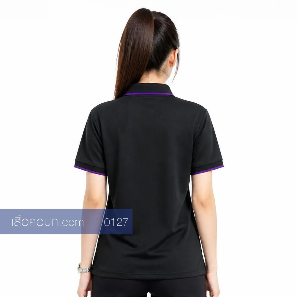 เสื้อโปโลดำ ขลิบม่วง ด้านหลัง