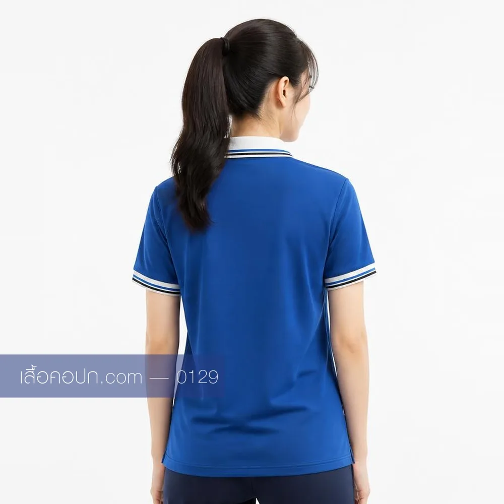 เสื้อโปโลน้ำเงินสด ปกขาวขลิบน้ำเงิน ด้านหลัง