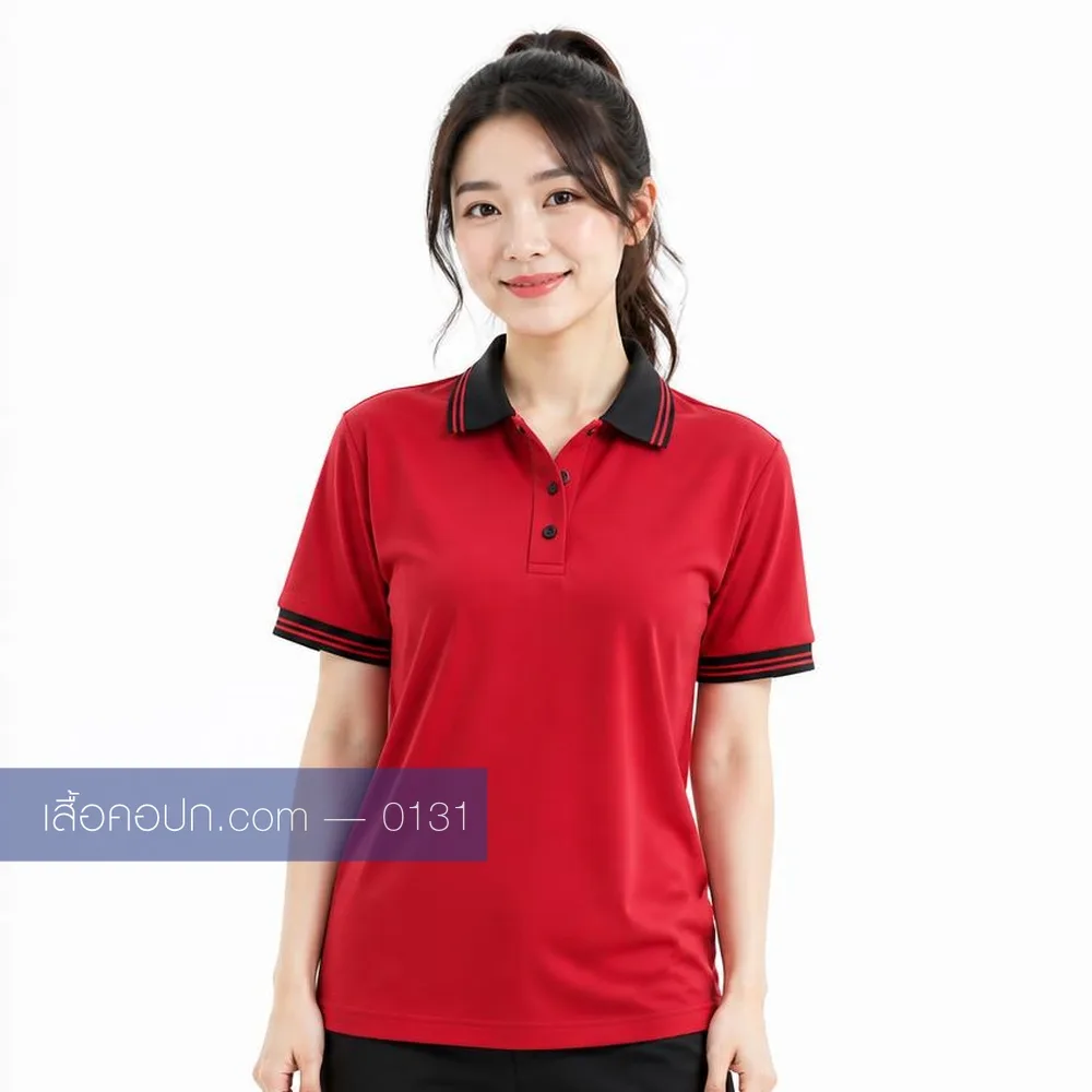 เสื้อโปโลแดงสด ปกดำ ด้านหน้า