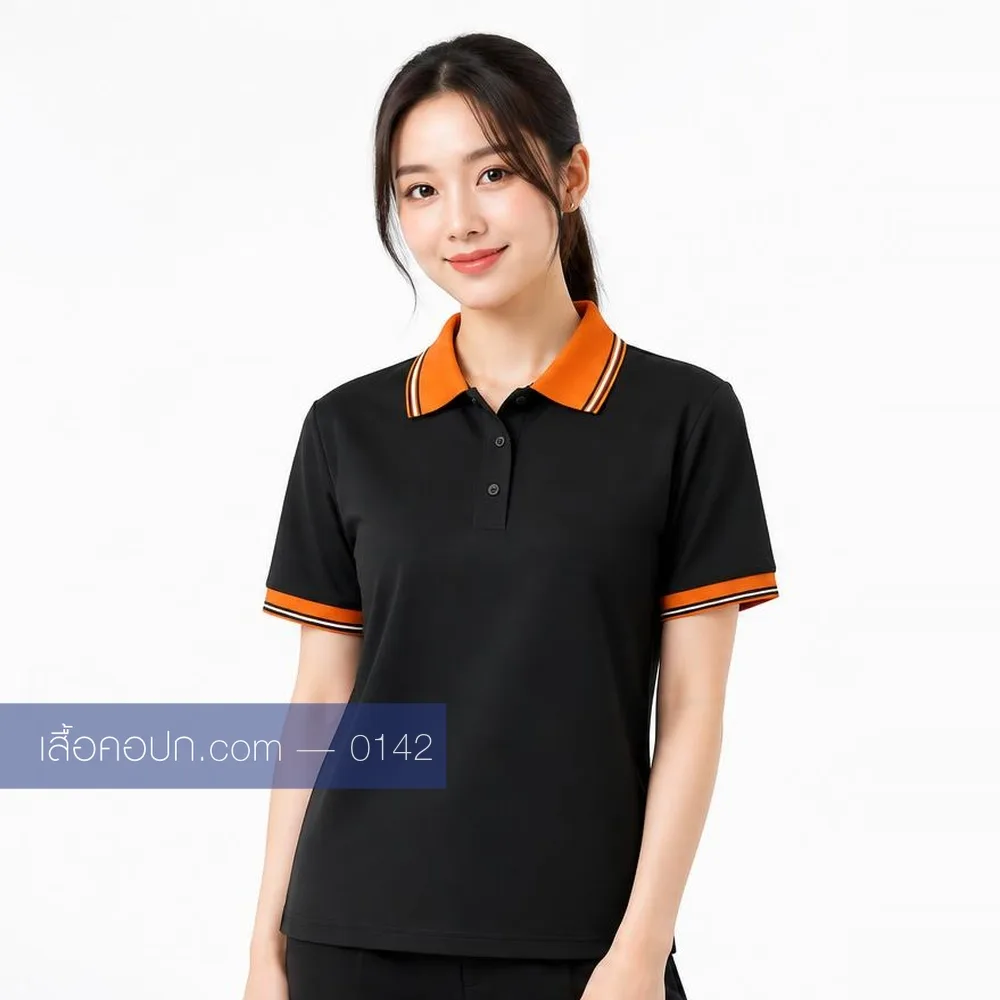 เสื้อโปโลดำ ปกส้มขลิบดำ ด้านหน้า