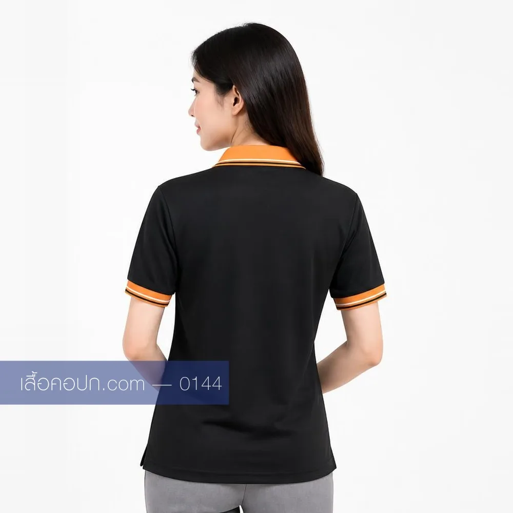 เสื้อโปโลดำ ปกส้ม ปลายแขนคาดส้ม ด้านหลัง