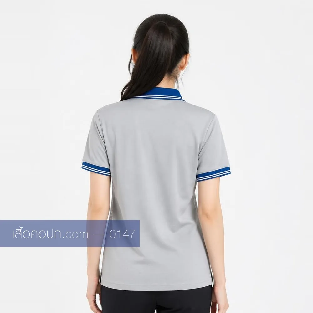 เสื้อโปโลเทาสว่าง ปกน้ำเงิน ด้านหลัง
