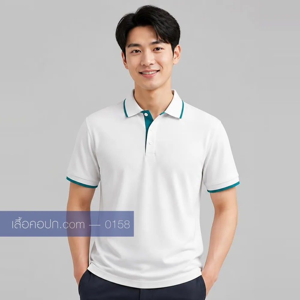 เสื้อโปโลขาว ปกเขียวน้ำทะเล ด้านหน้า