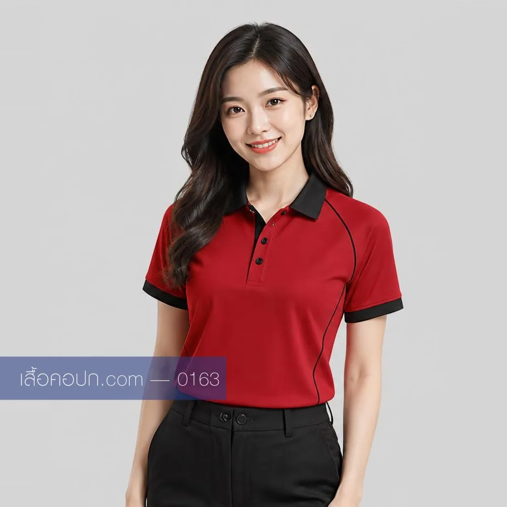 เสื้อโปโลแดง ปกดำ ต่อบ่าดำ ด้านหน้า