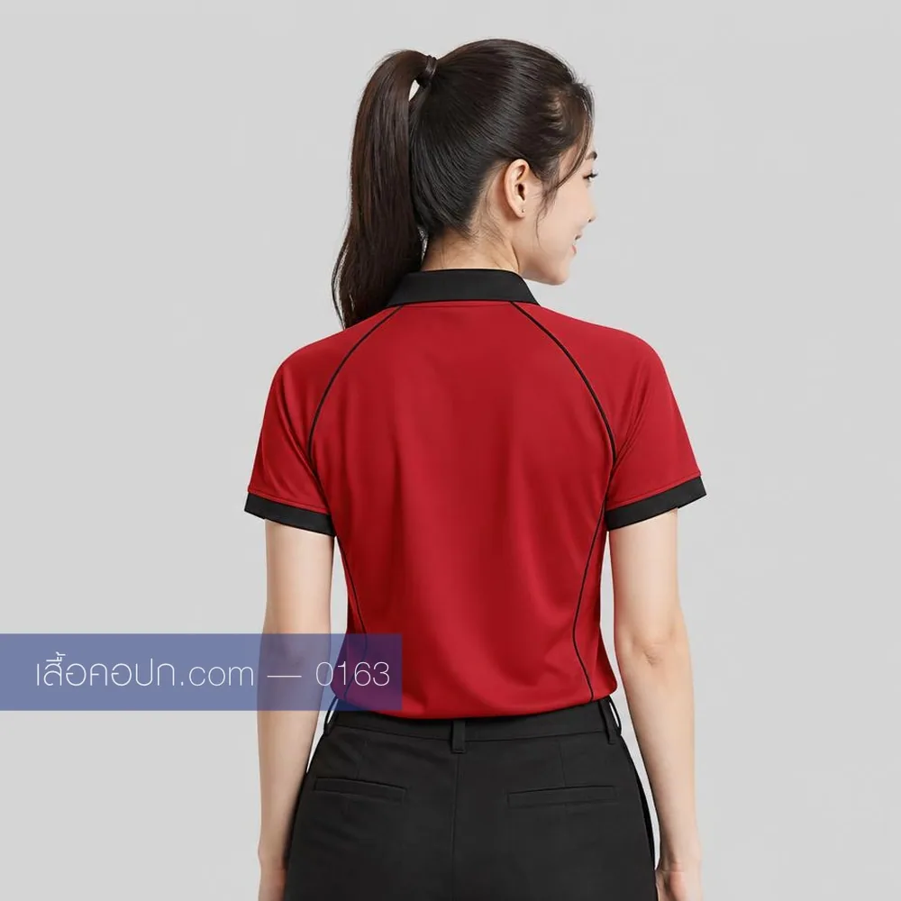 เสื้อโปโลแดง ปกดำ ต่อบ่าดำ ด้านหลัง