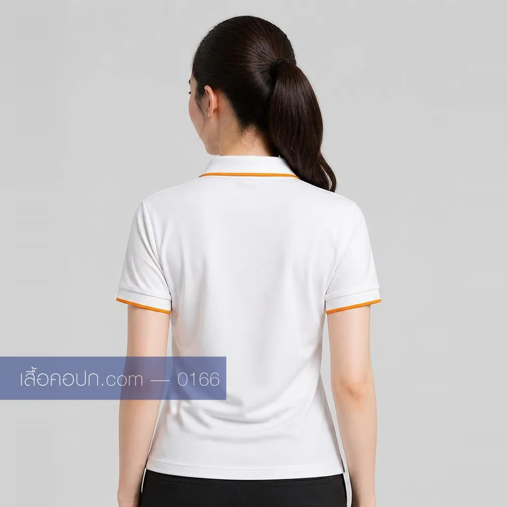 เสื้อโปโลขาว ปกส้มทอง กระดุมส้ม ด้านหลัง