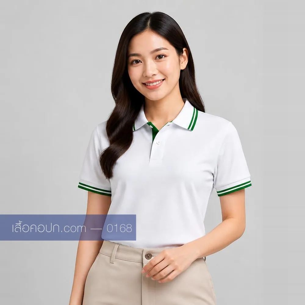 เสื้อโปโลขาว ปกเขียว สาบเขียว ด้านหน้า