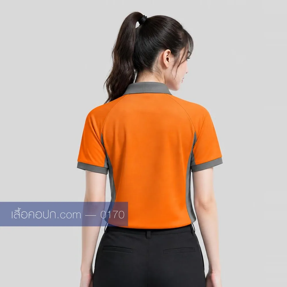เสื้อโปโลส้ม ปกเทา ต่อแขนเทา ด้านหลัง