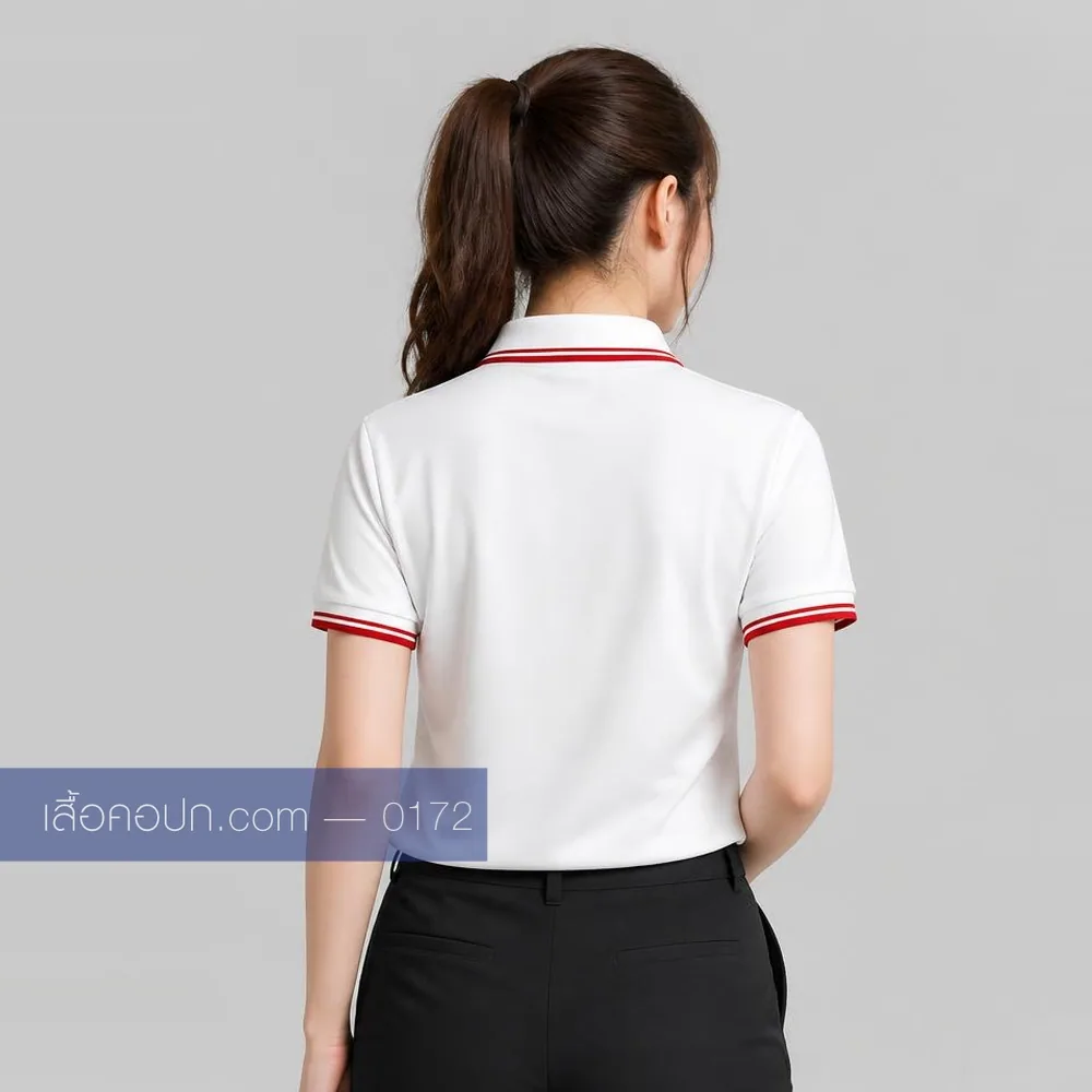 เสื้อโปโลขาว ปกคาดแดง กระดุมแดง ด้านหลัง