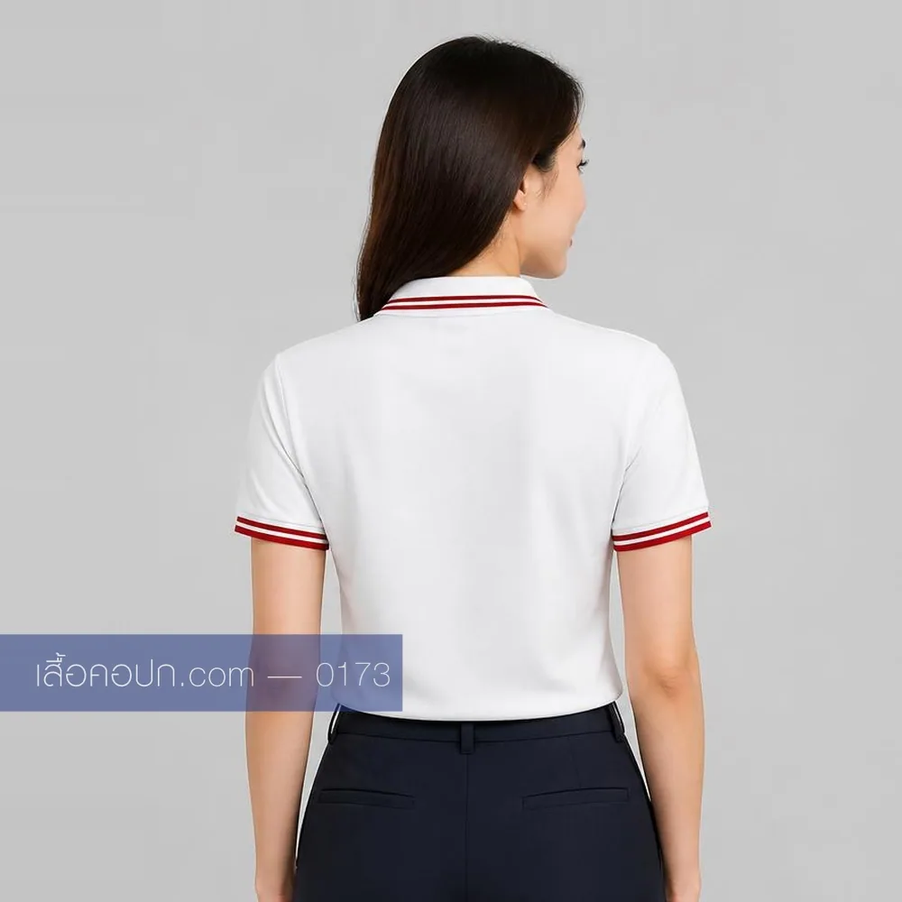 เสื้อโปโลขาว ปกคาดแดงกรมท่า ด้านหลัง