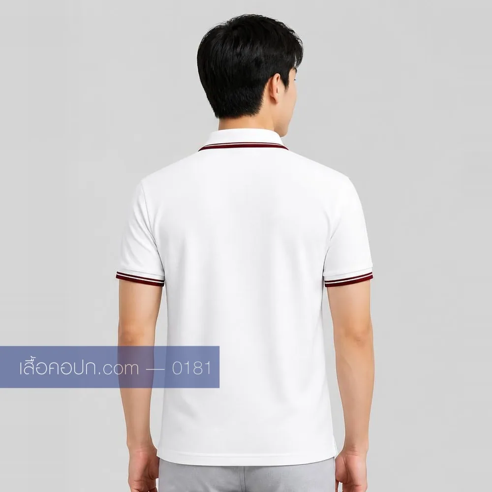 เสื้อโปโลขาว ปกคาดแดงเส้นคู่ ด้านหลัง