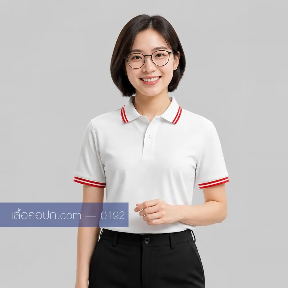 เสื้อโปโลขาว ปกคาดแดงเทา ด้านหน้า