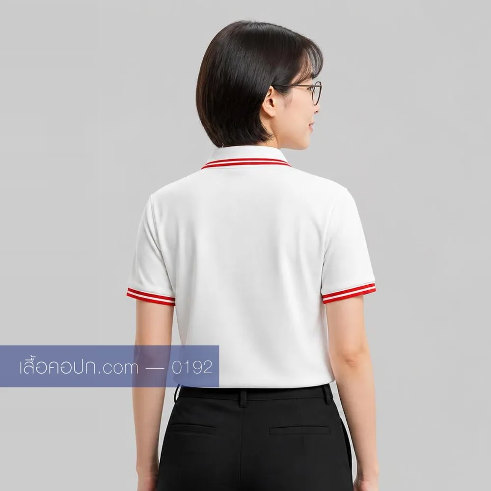 เสื้อโปโลขาว ปกคาดแดงเทา ด้านหลัง