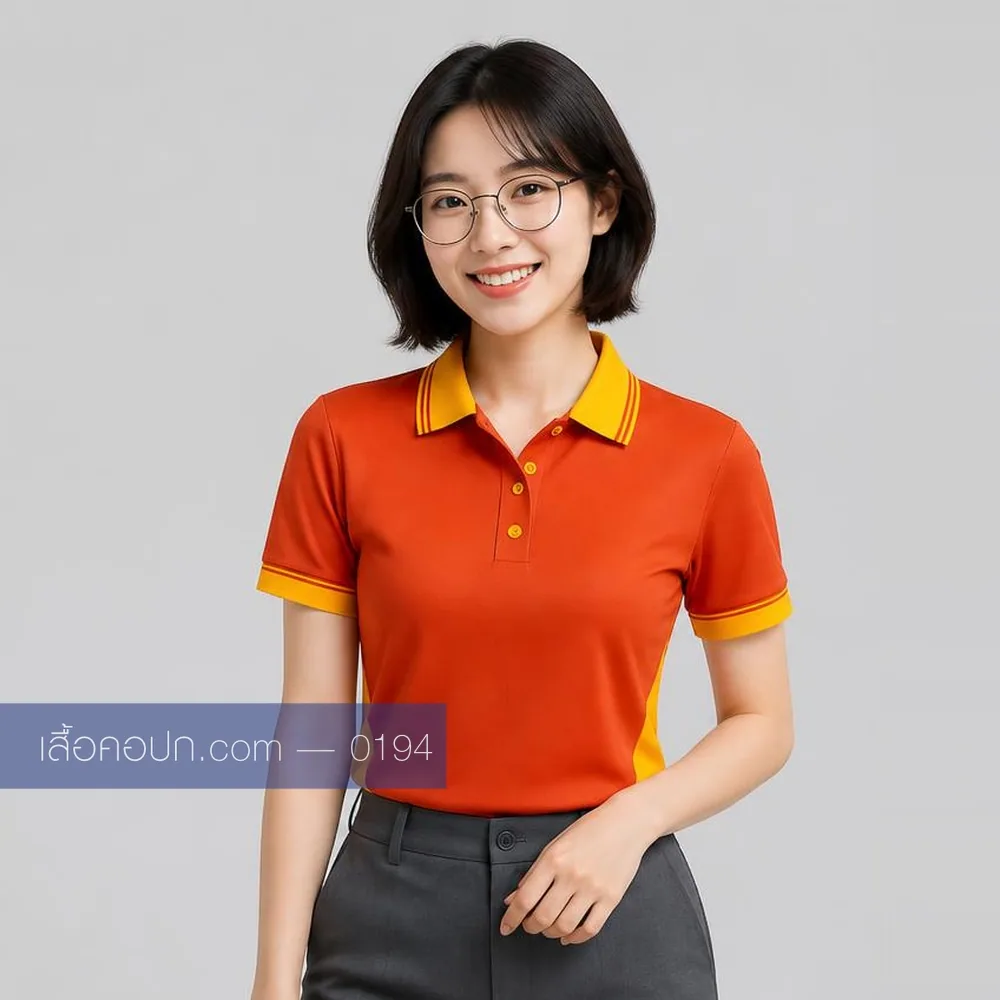 เสื้อโปโลส้มสด ปกเหลือง ต่อข้างเหลือง ด้านหน้า