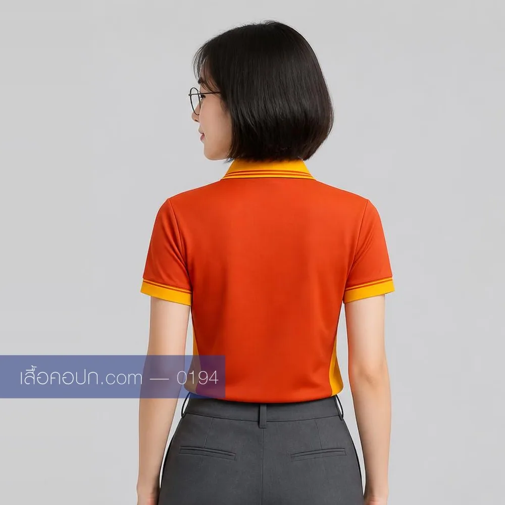 เสื้อโปโลส้มสด ปกเหลือง ต่อข้างเหลือง ด้านหลัง