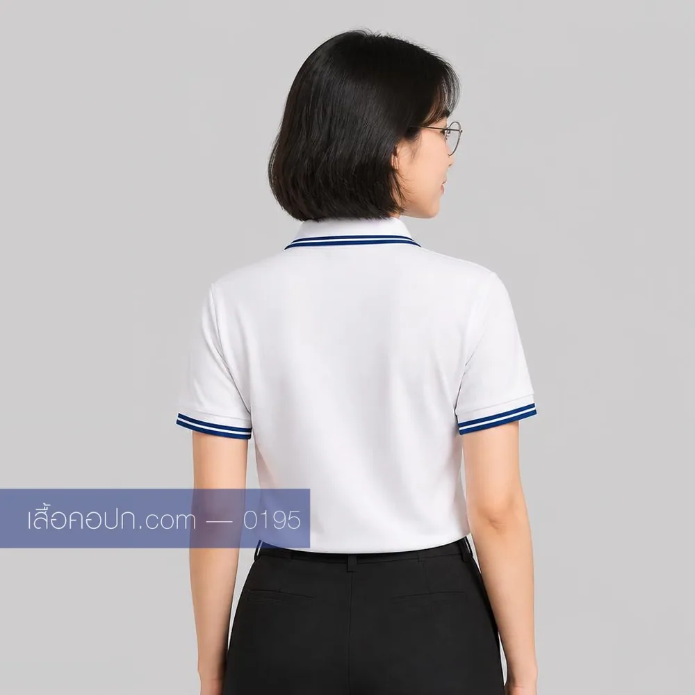 เสื้อโปโลขาว ปกคาดน้ำเงินเส้นคู่ ด้านหลัง