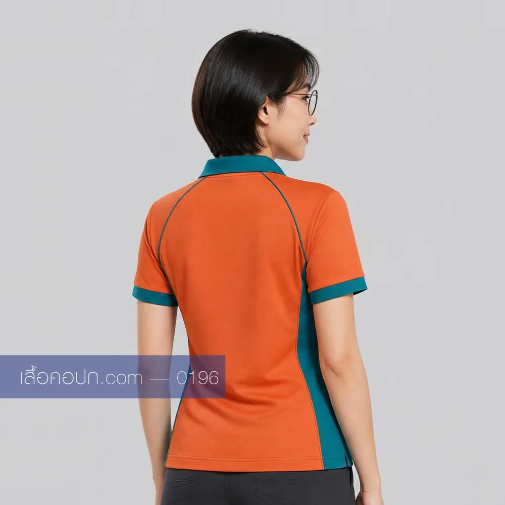 เสื้อโปโลส้ม ปกเขียวน้ำทะเล ด้านหลัง