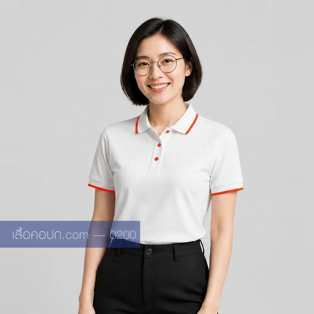 เสื้อโปโลขาว ปกคาดส้มแดง ด้านหน้า